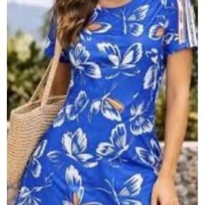 NWT Adidas Farm Rio Women's Shirt Dress Blue Butterfly Print Short Sleeves Sz S